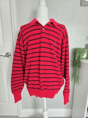 Vintage Polo Ralph Lauren Striped Knit Henley Polo Pullover Sweater - Mens XL